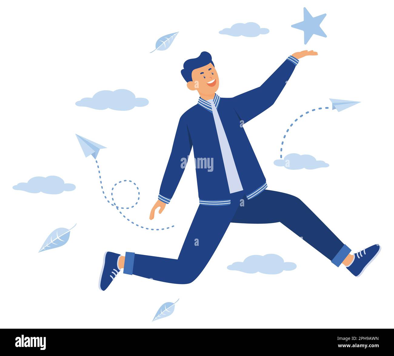fly jump in career success. flight in skies of happy person. on the seventh heaven. the girl jumped into the sky for a star. way to success, flat vect Stock Vector