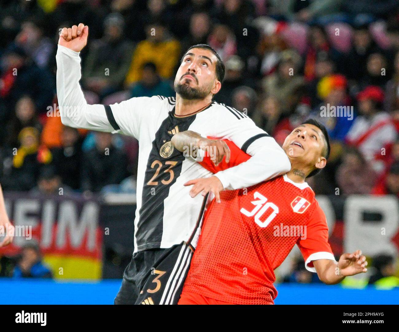 MEWA-Arena Mainz 25.4.2023, Football: International friendly match Germany (GER)  (white) vs. PERU (PER) (red) -  Emre Can (GER), Ruidiaz (PER) Stock Photo