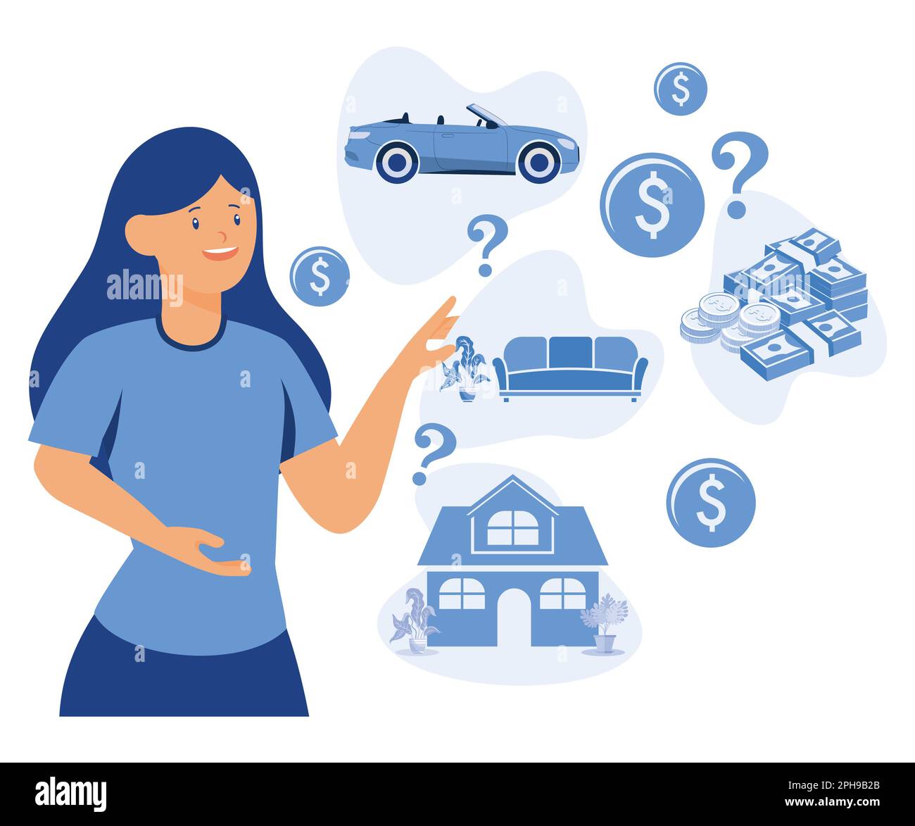 Person deciding how to spend money, planning purchases. Making choice, decision in finance concept. Woman choosing, thinking about expenses, flat vect Stock Vector