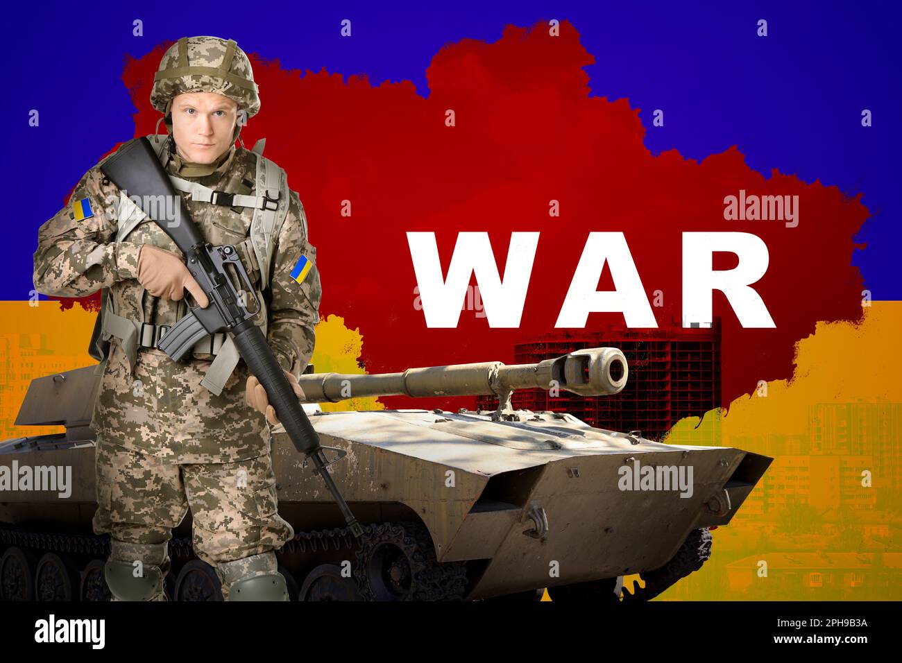Stop war in Ukraine. Defender and military tank against outline map of Ukraine with building Stock Photo