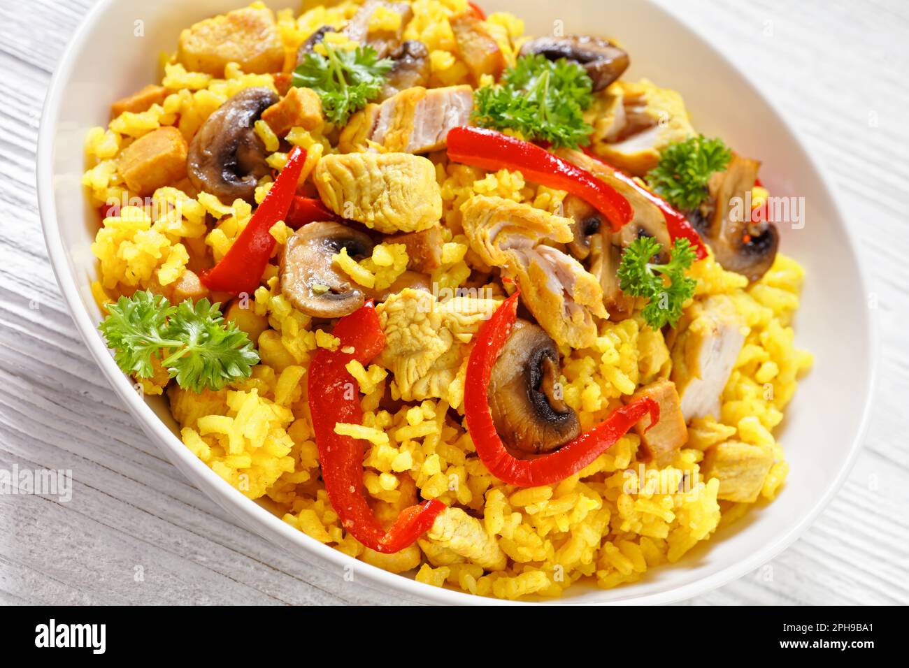 closeup of Chicken Paella of arborio rice, chicken fillet, mushrooms, julienned bell pepper and