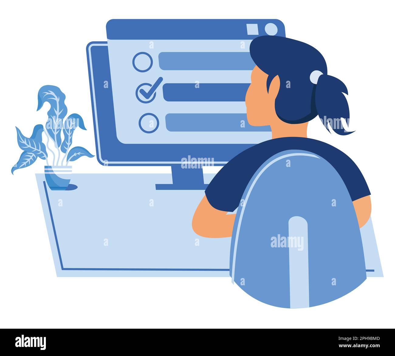 Person choosing answer in online test on computer screen. Man student checking knowledge via internet, passing digital exam, quiz, flat vector modern Stock Vector