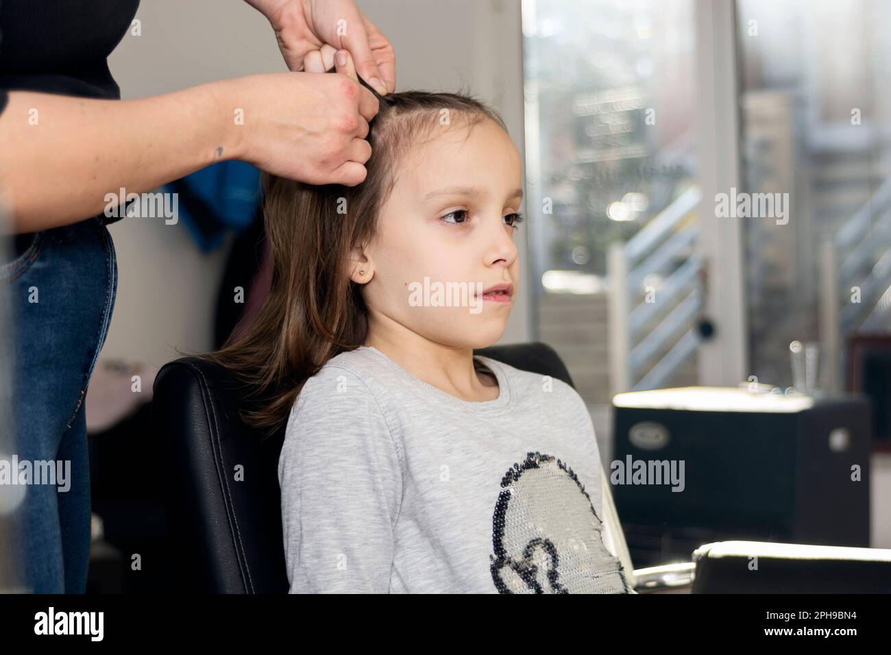 Hairdresser makes braids for small girl in hair salon Stock Photo Alamy