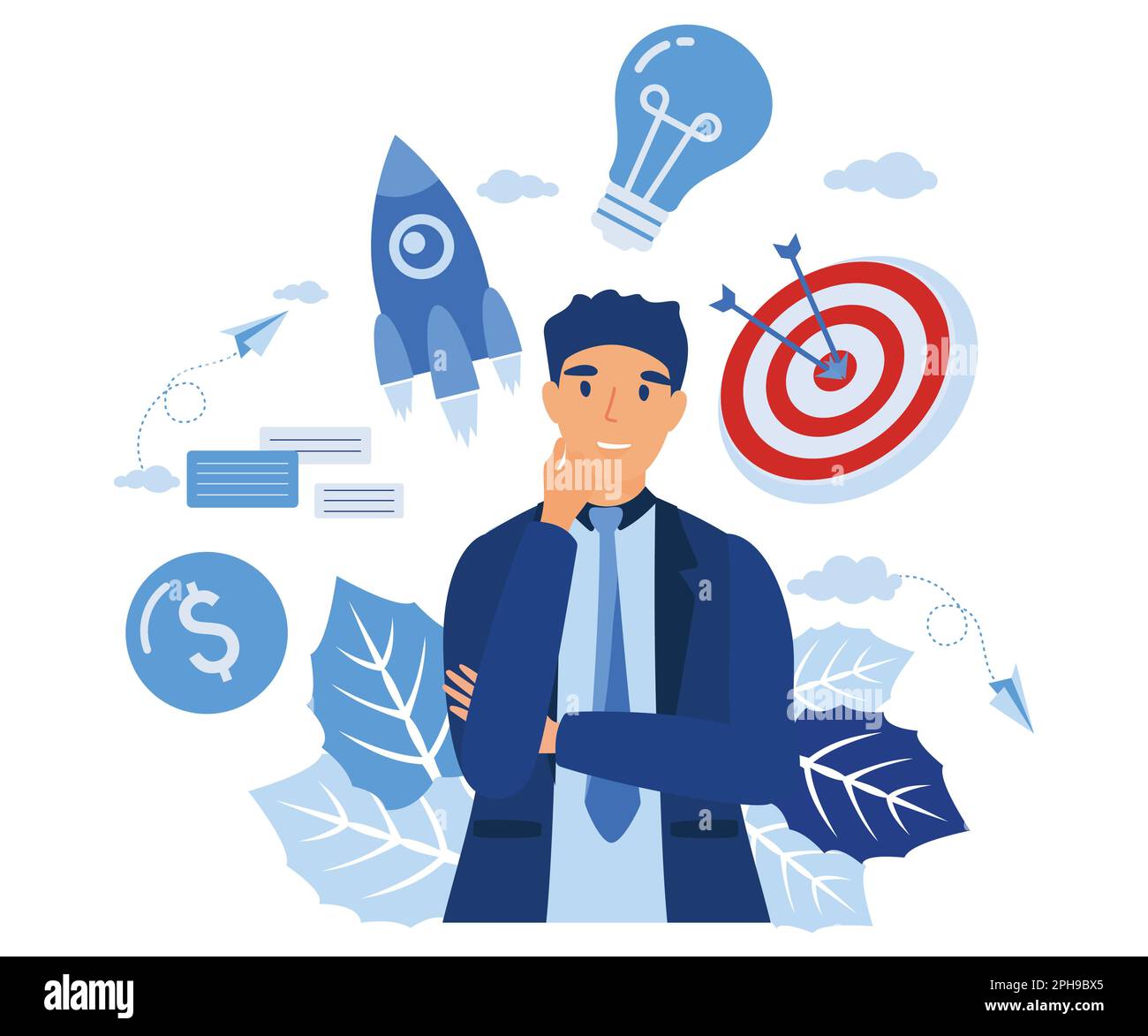 leader success working multitasking. confident businessman. overhead character rocket startup target light bulb as idea and checkbox. flat vector mode Stock Vector