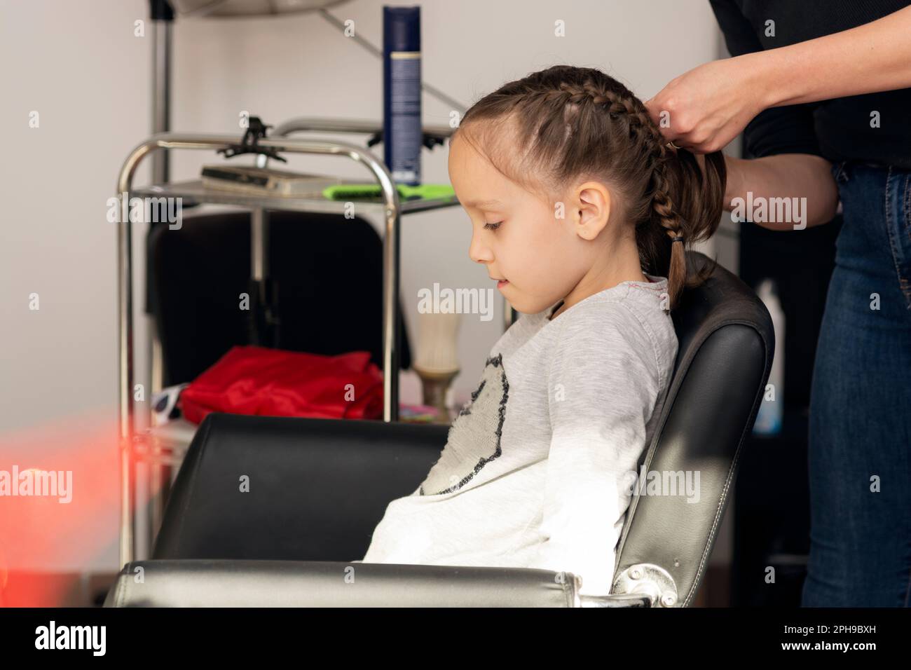 Hairdresser makes braids for small girl in hair salon Stock Photo Alamy