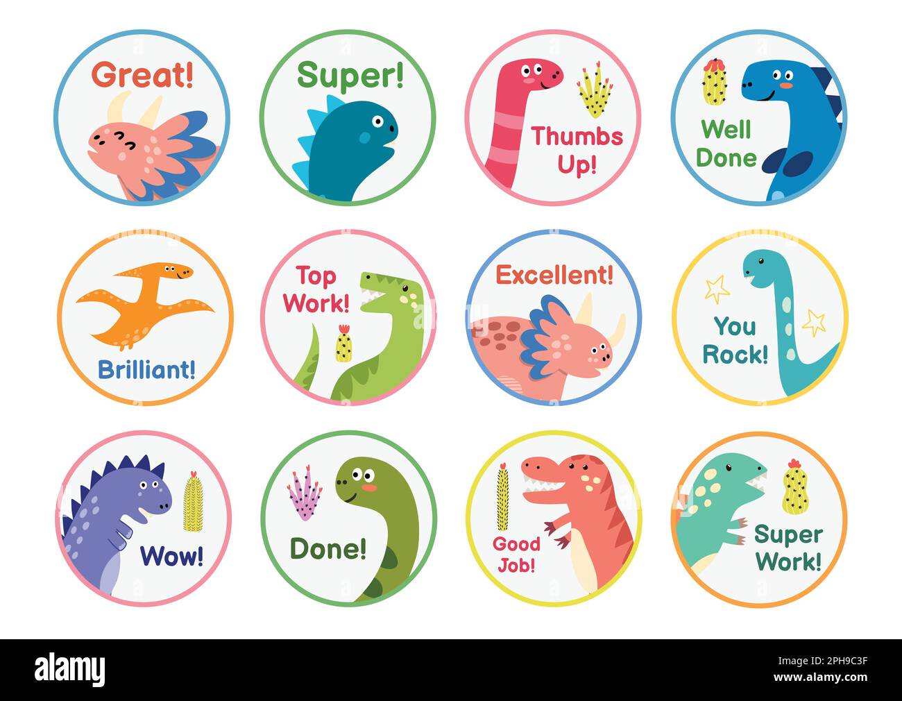 Reward stickers collection with cute dinosaurs. Teachers award badges
