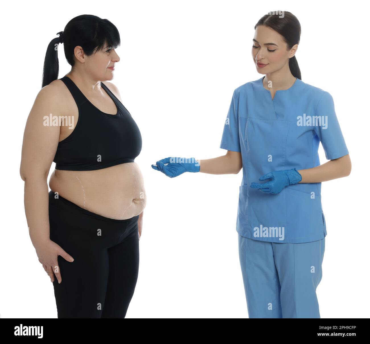 Doctor consulting obese woman on white background. Weight loss surgery