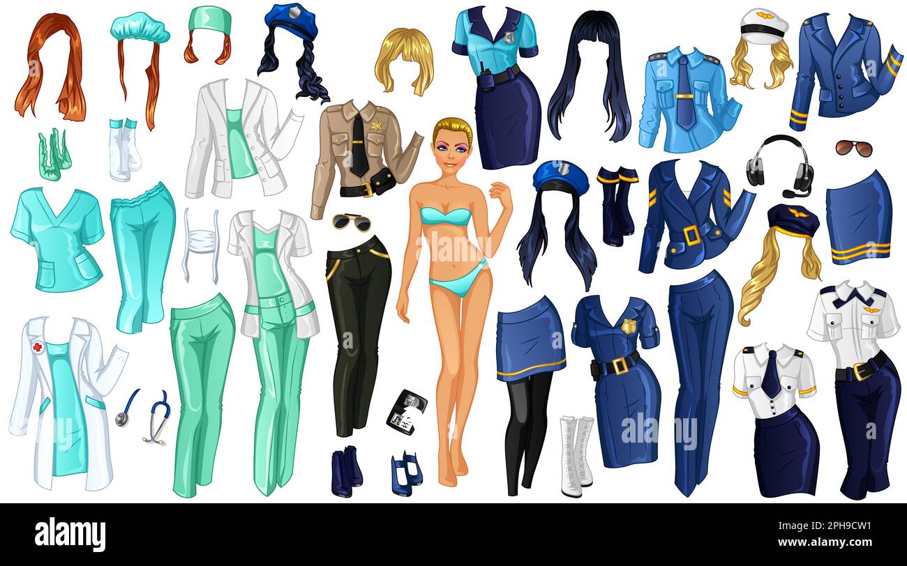 Cute Cartoon Career Paper Doll with Doctor, Policewoman and Pilot Outfits, Hairstyles and Accessories. Vector Illustration Stock Vector