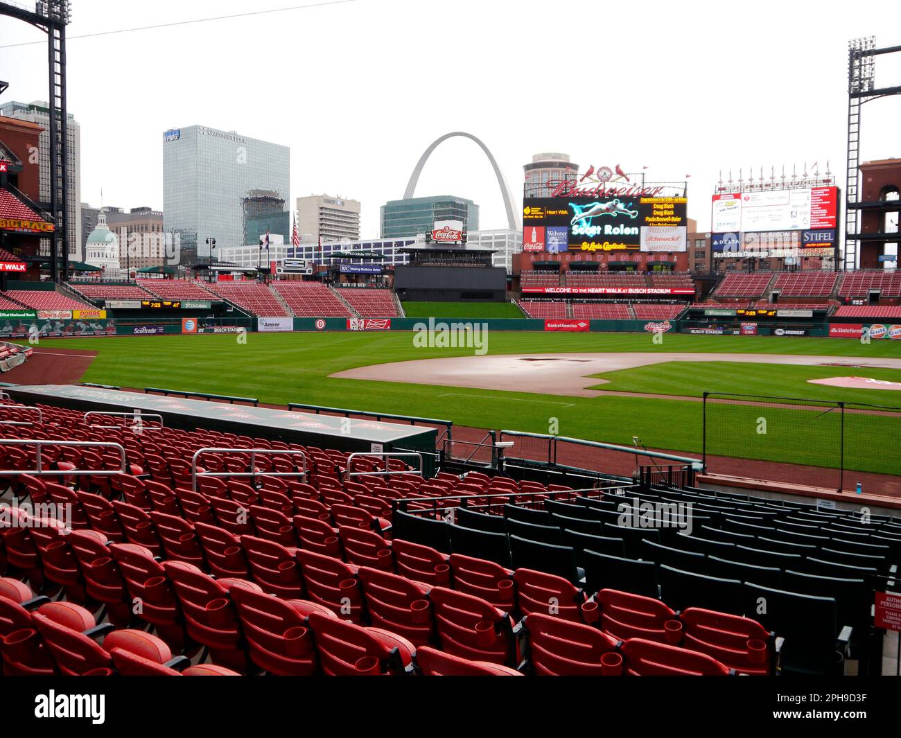A wideangle view of a row of seats in Busch Stadium, an iconic sports