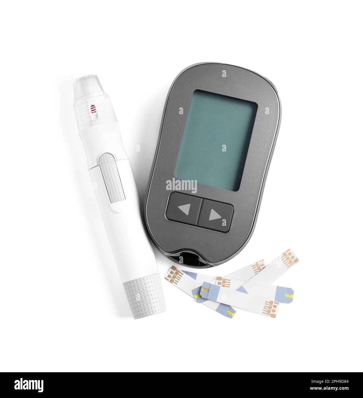 lancet pen and strips on white background, top view