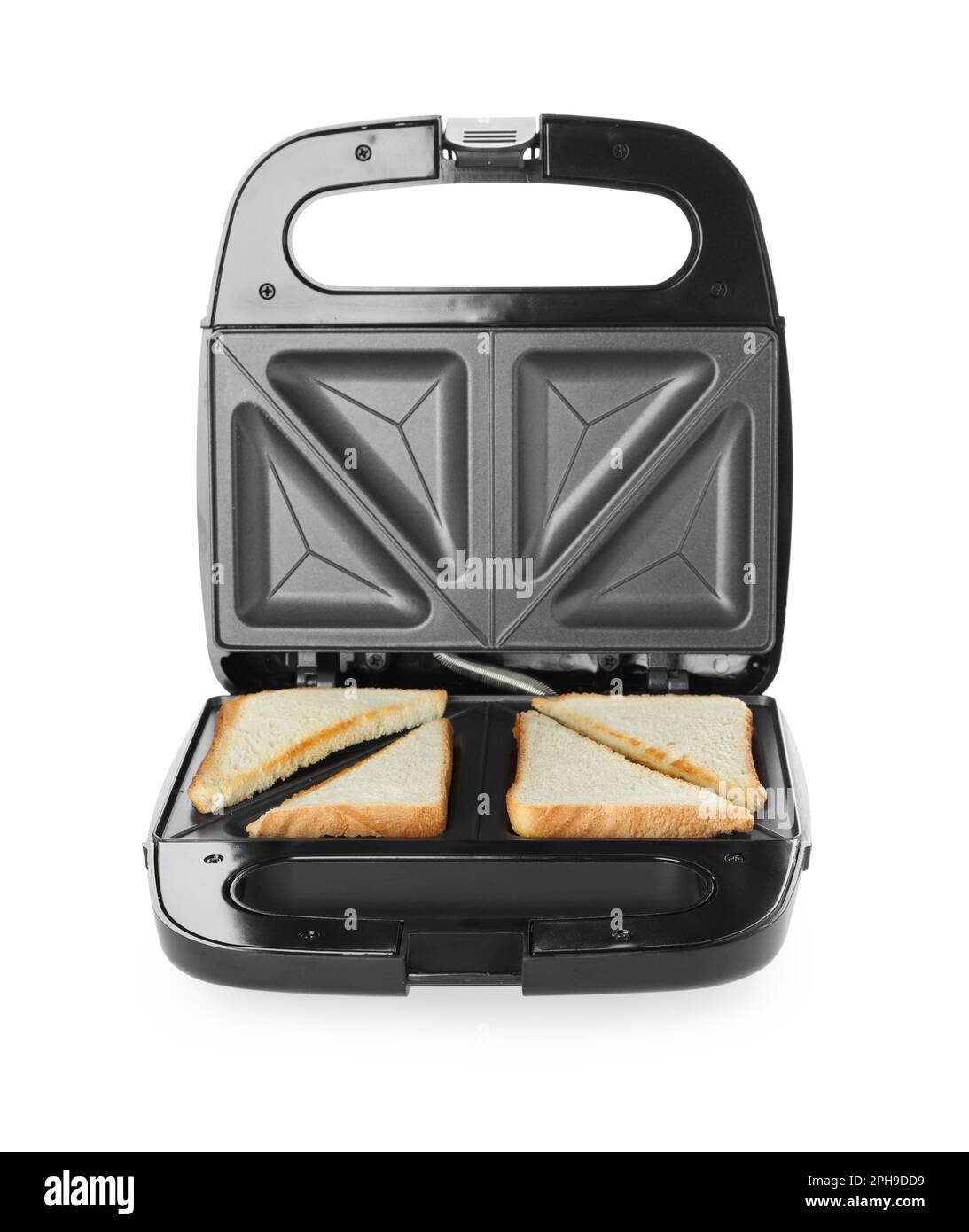 Modern sandwich maker with bread slices on white background Stock Photo