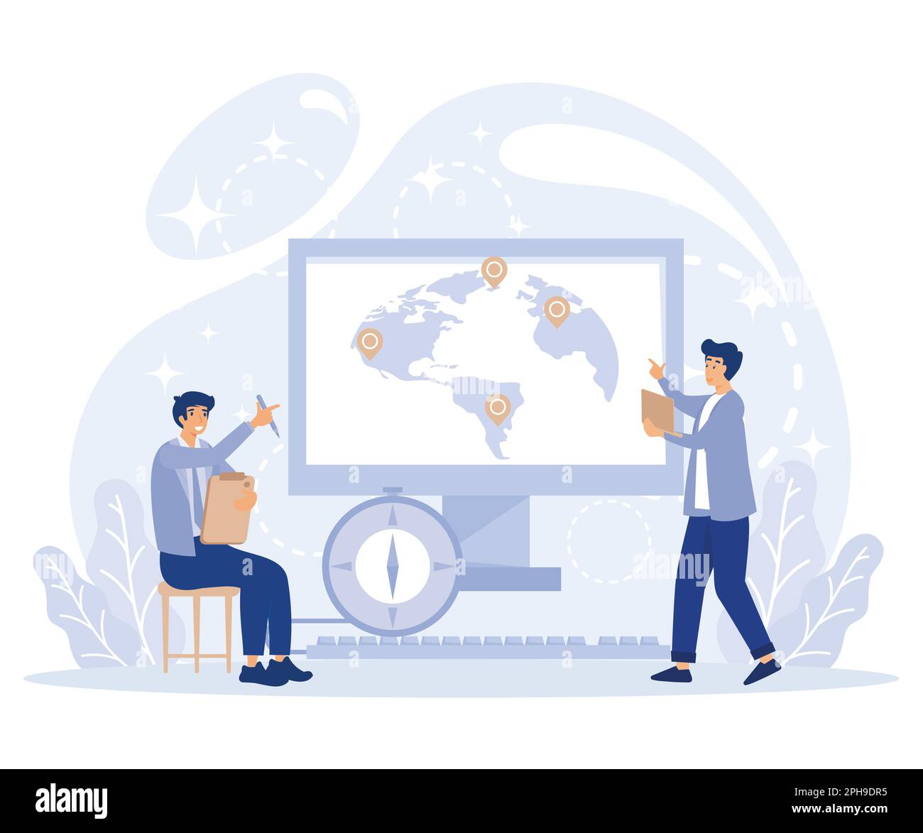 Geography concept. World map. Globalisation. Tiny people study atlas Earth. flat vector modern illustration Stock Vector