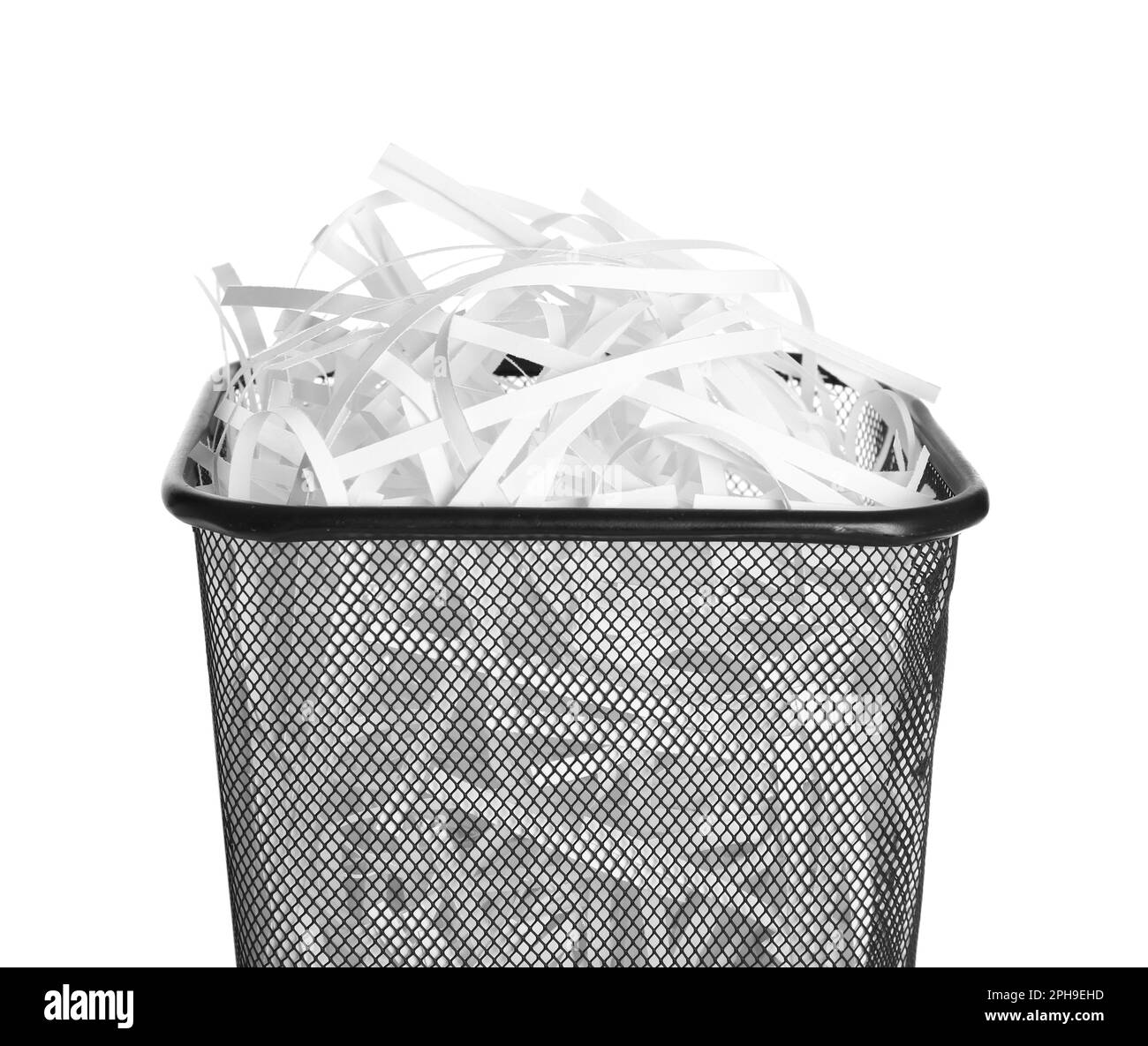 Trash bin with shredded paper strips isolated on white Stock Photo Alamy