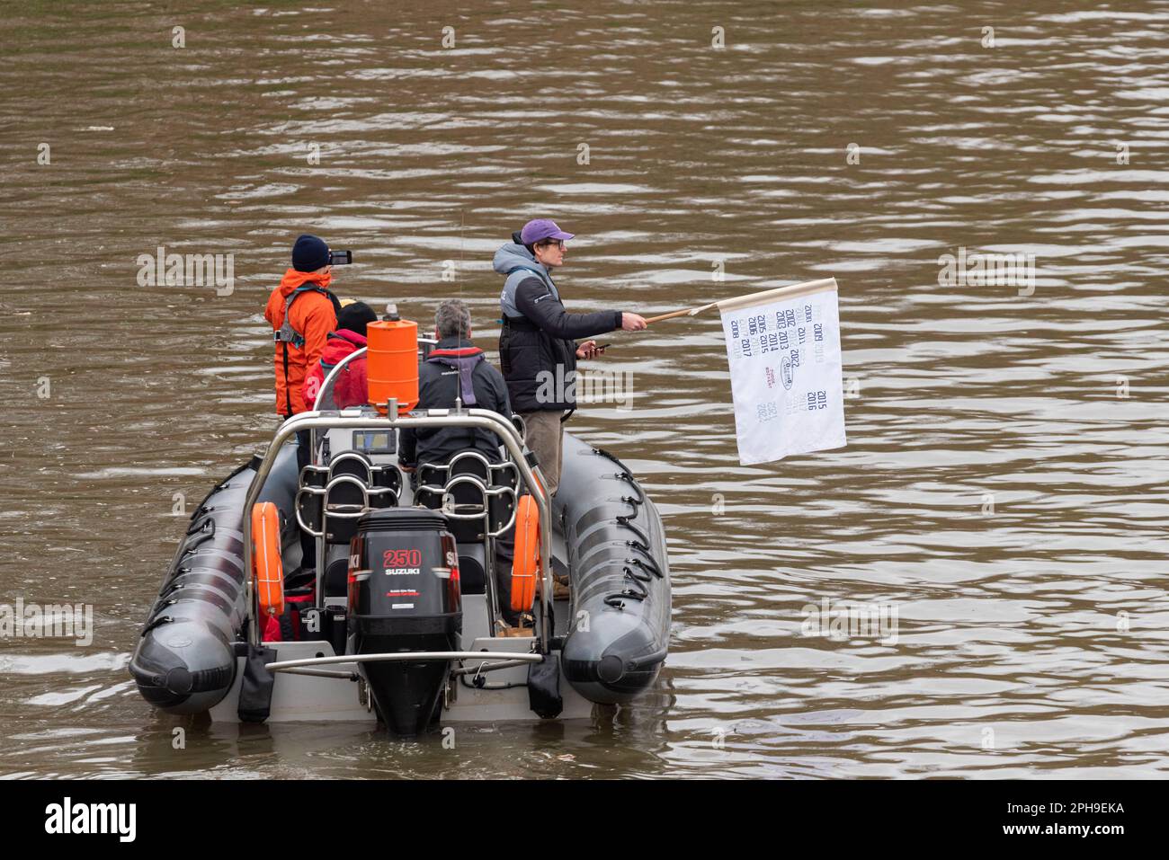 Boat Race 2023. Finish Judge flag at the Cambridge v Oxford University