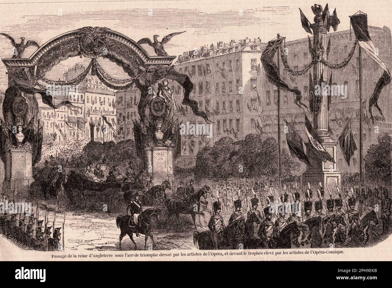 Passage de la Reine d'Angleterre sous l'Arc de Triomphe de l'Opéra Comique à Paris sous le Second Empire Stock Photo