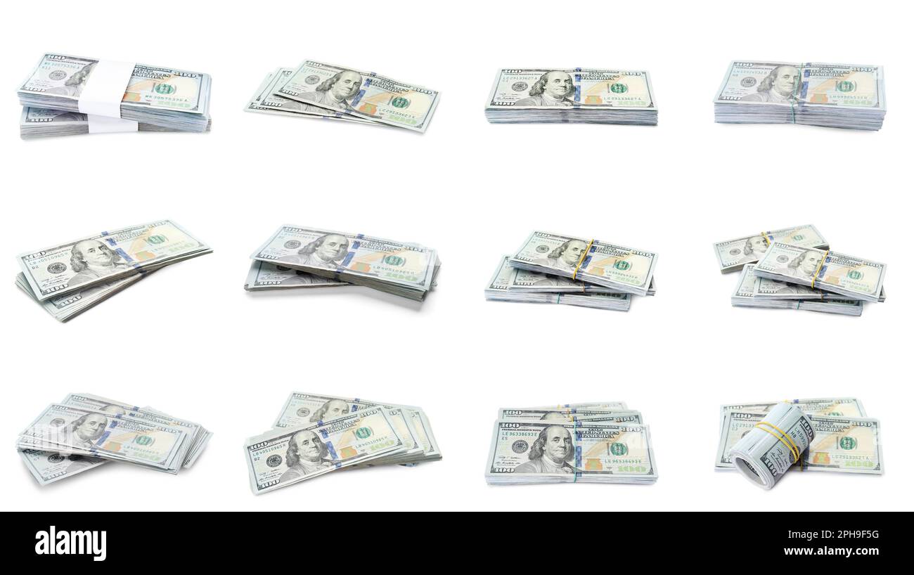 Many dollar banknotes on white background, collage. American national ...