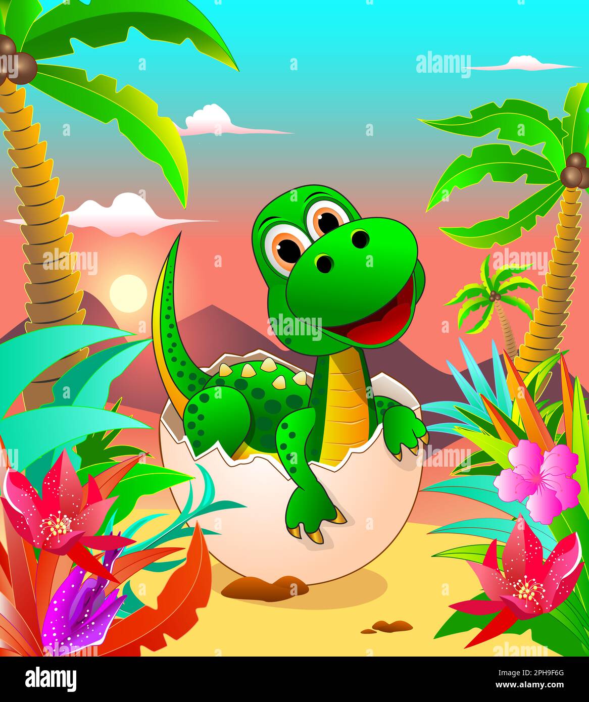 .A cartoon little dinosaur of green color sits in an egg in the background of the jungle. The birth of a dinosaur, various plants, and the sun shining Stock Vector