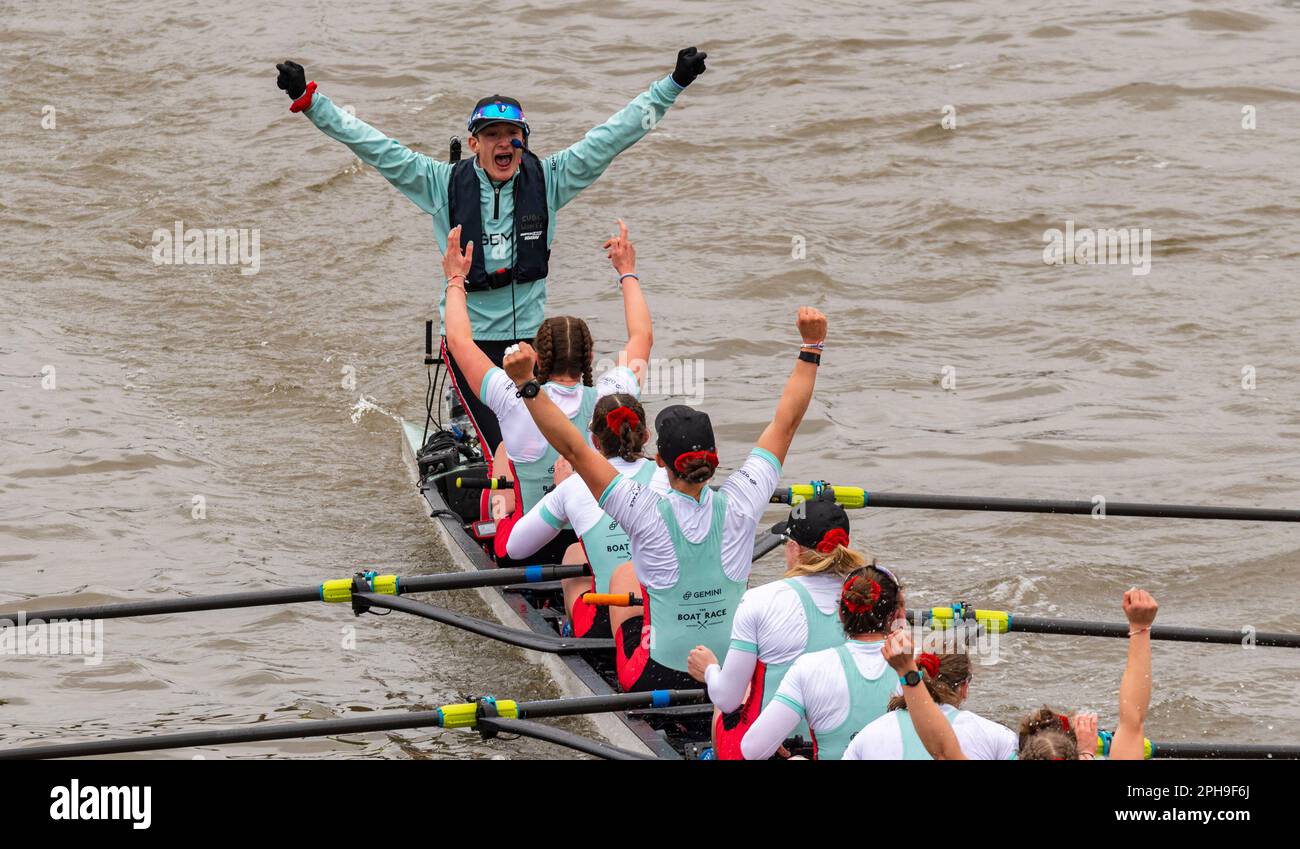 Boat Race 2023. Cambridge Women's team celebrating win after crossing