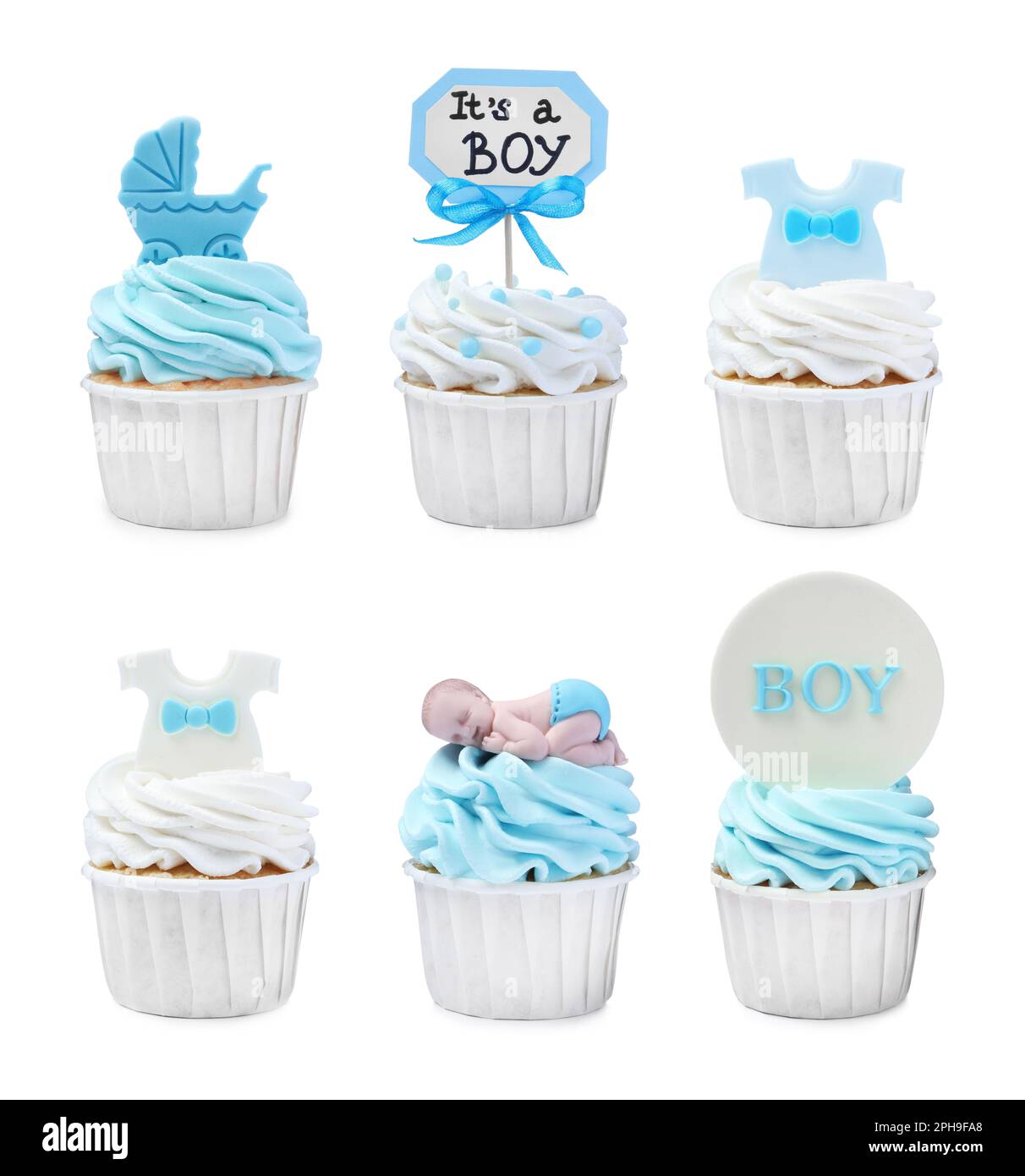 Beautifully decorated baby shower cupcakes for boy on white background, collage Stock Photo