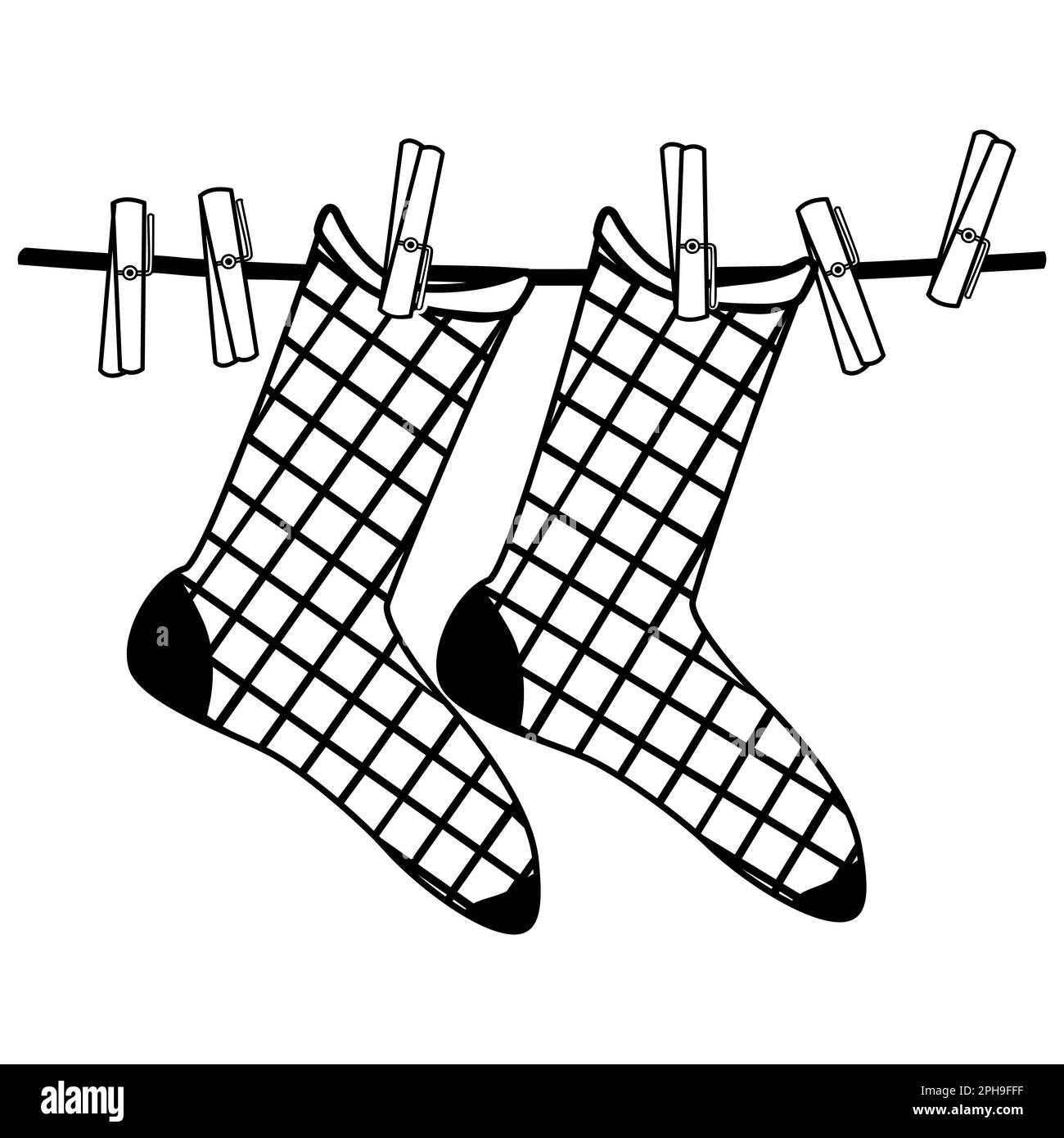 Socks on clothespin icon.Socks hanging on clothesline.Socks hang on rope.Simple line laundry drying sign, contour symbol.Washed garment concept.Vector Stock Vector