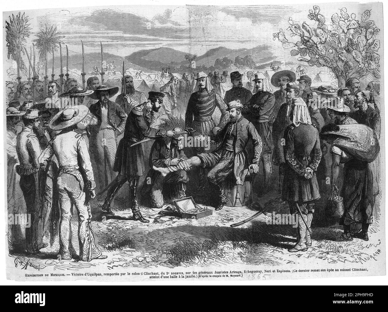 victoire d'Uquilpan, au Mexique. Le colonel Clinchant, du 2e zouaves, reçoit l'épée du général Espinola, 1865 Stock Photo