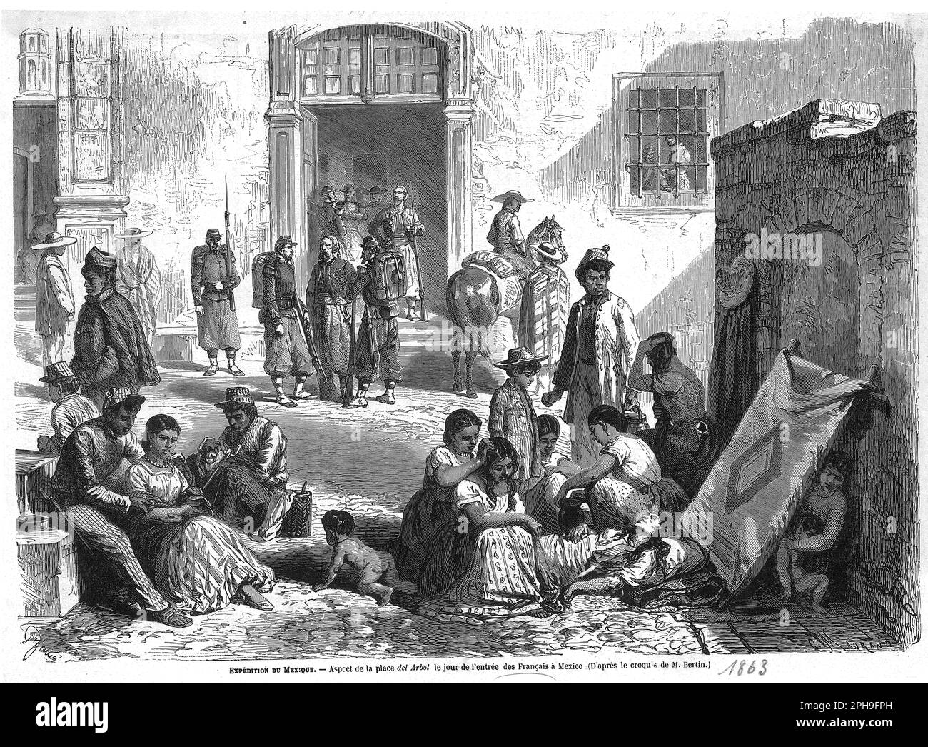place Del Arbol à Mexico lors de l'entrée des troupes françaises en 1863 Stock Photo