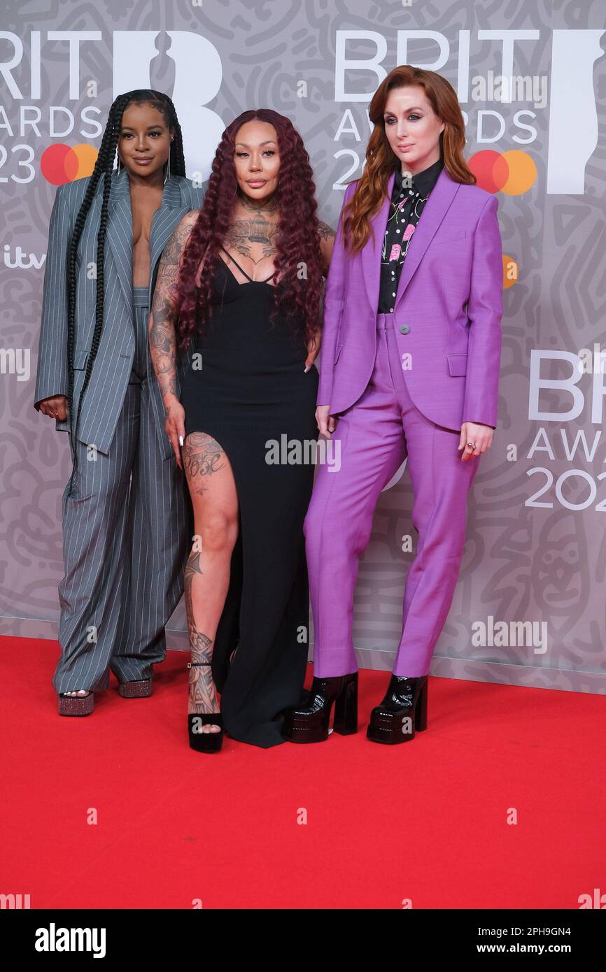 Sugababes - Mutya Buena, Keisha Buchanan And SiobháN Donaghy photographed attending The BRITS Red Carpet Arrivals at The O2 in London, UK on 11 February 2023 . Picture by Julie Edwards. Stock Photo