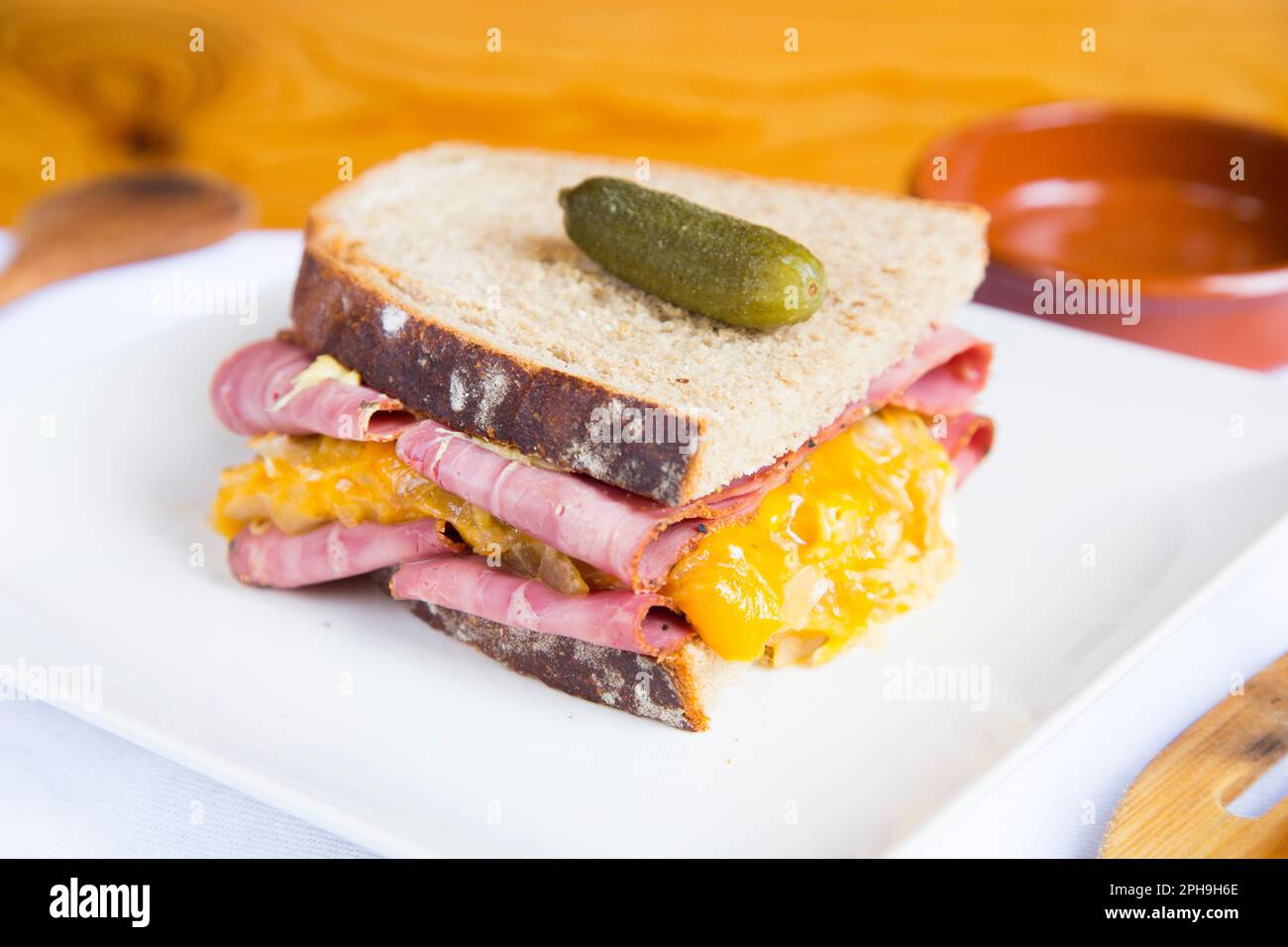 Delicious american pastrami and cheese sandwich decorated with a pickle