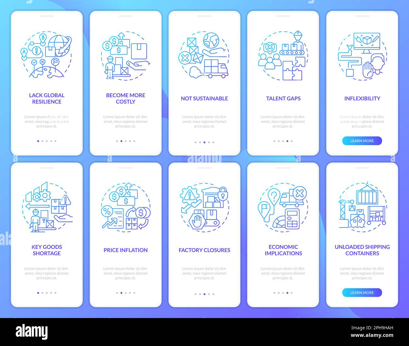 Supply chain issues maintain blue gradient onboarding mobile app screens set Stock Vector