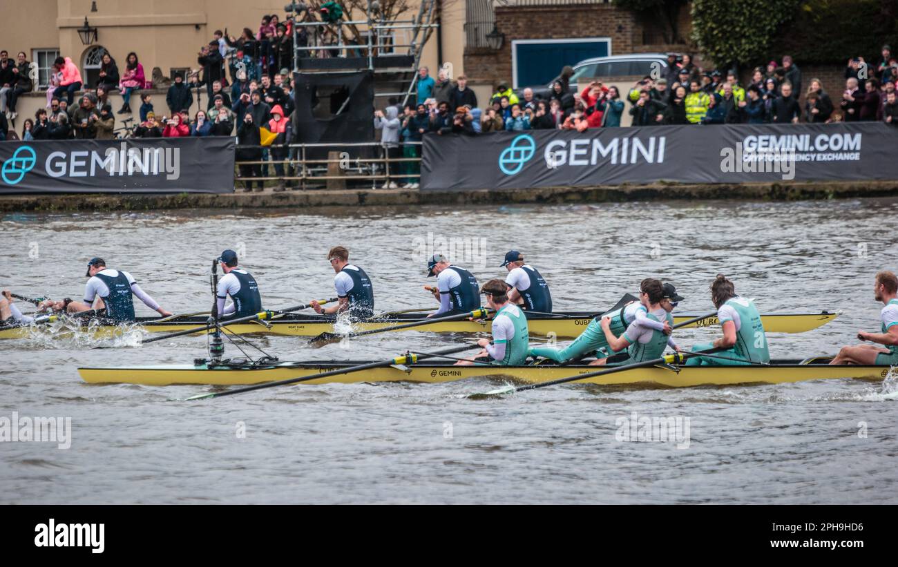 Hug and brotherly love of Ollie Parish and Jasper Parish after the victory for Cambridge at the Gemini Oxford v Cambridge Boat Race London 2023. Stock Photo