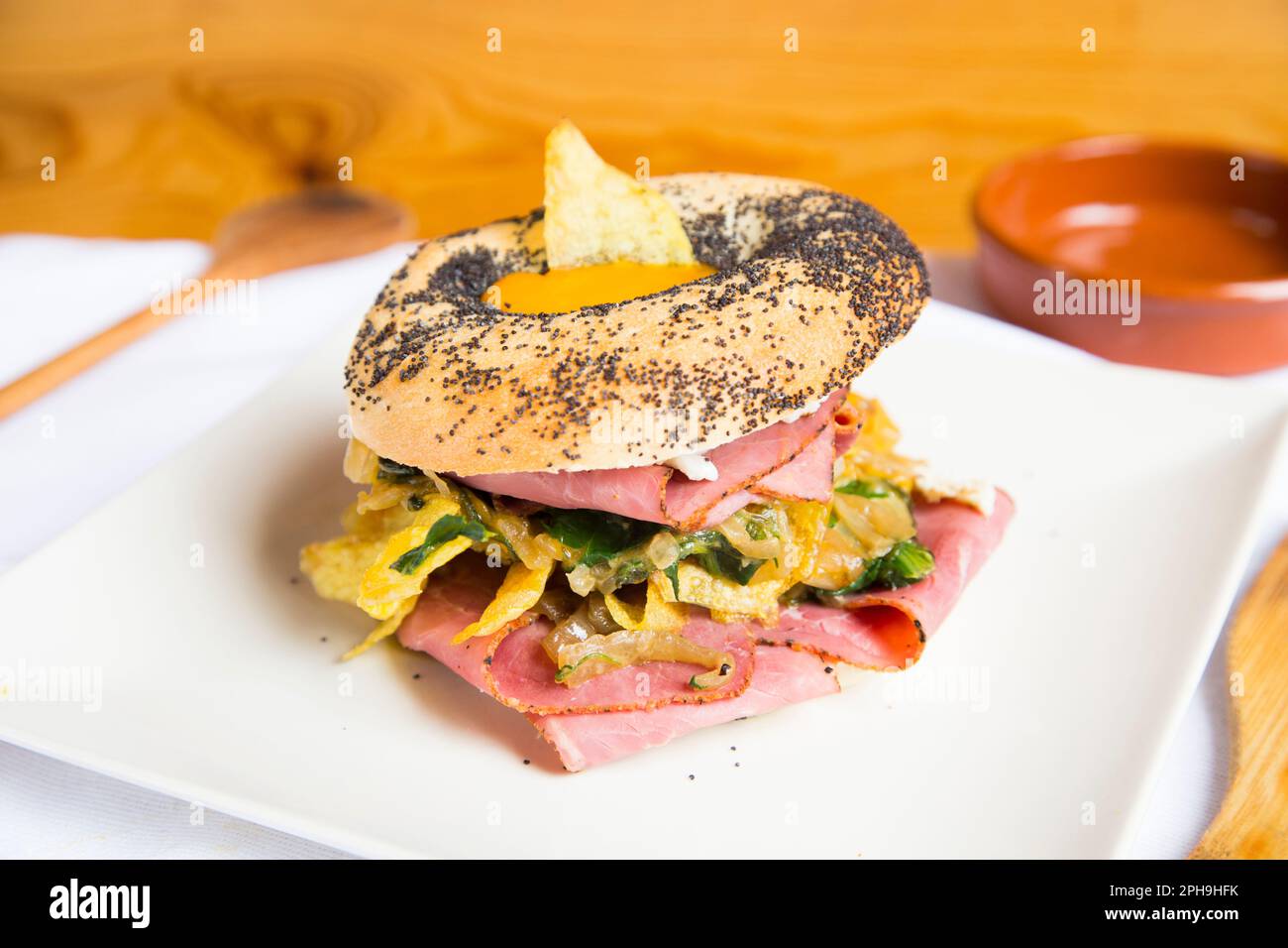 Delicious Pastrami Sandwich On Bagel Bread. A Bagel Is A Bread ...