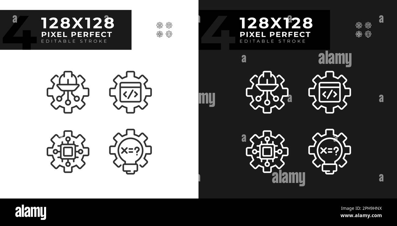STEM technology settings pixel perfect linear icons set for dark, light mode Stock Vector