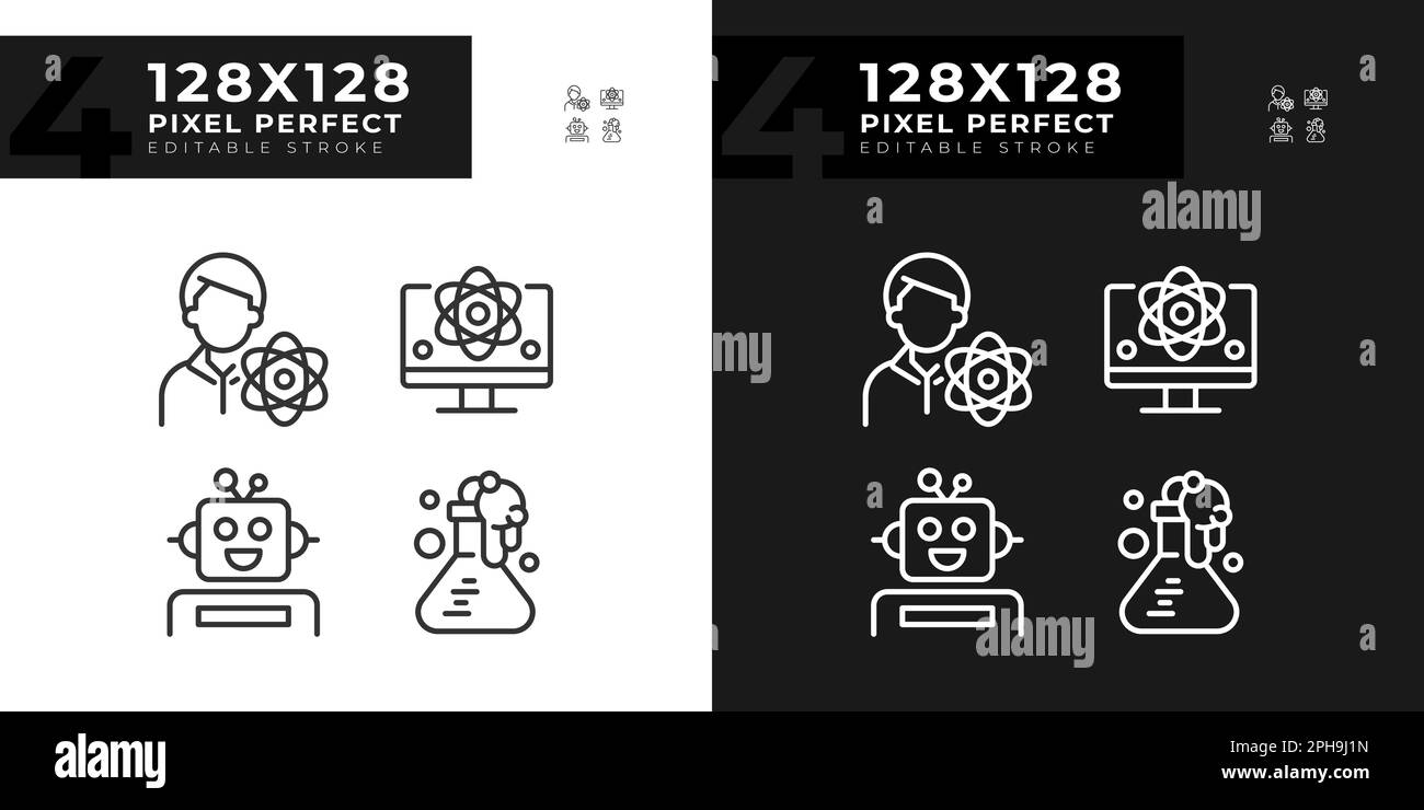 STEM technology and AI pixel perfect linear icons set for dark, light ...