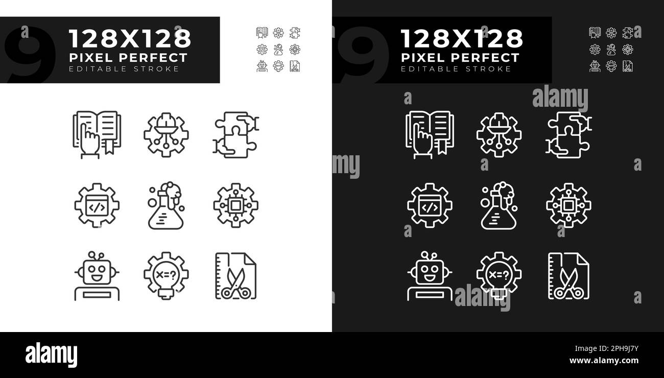 Integration of STEM programs pixel perfect linear icons set for dark, light mode Stock Vector