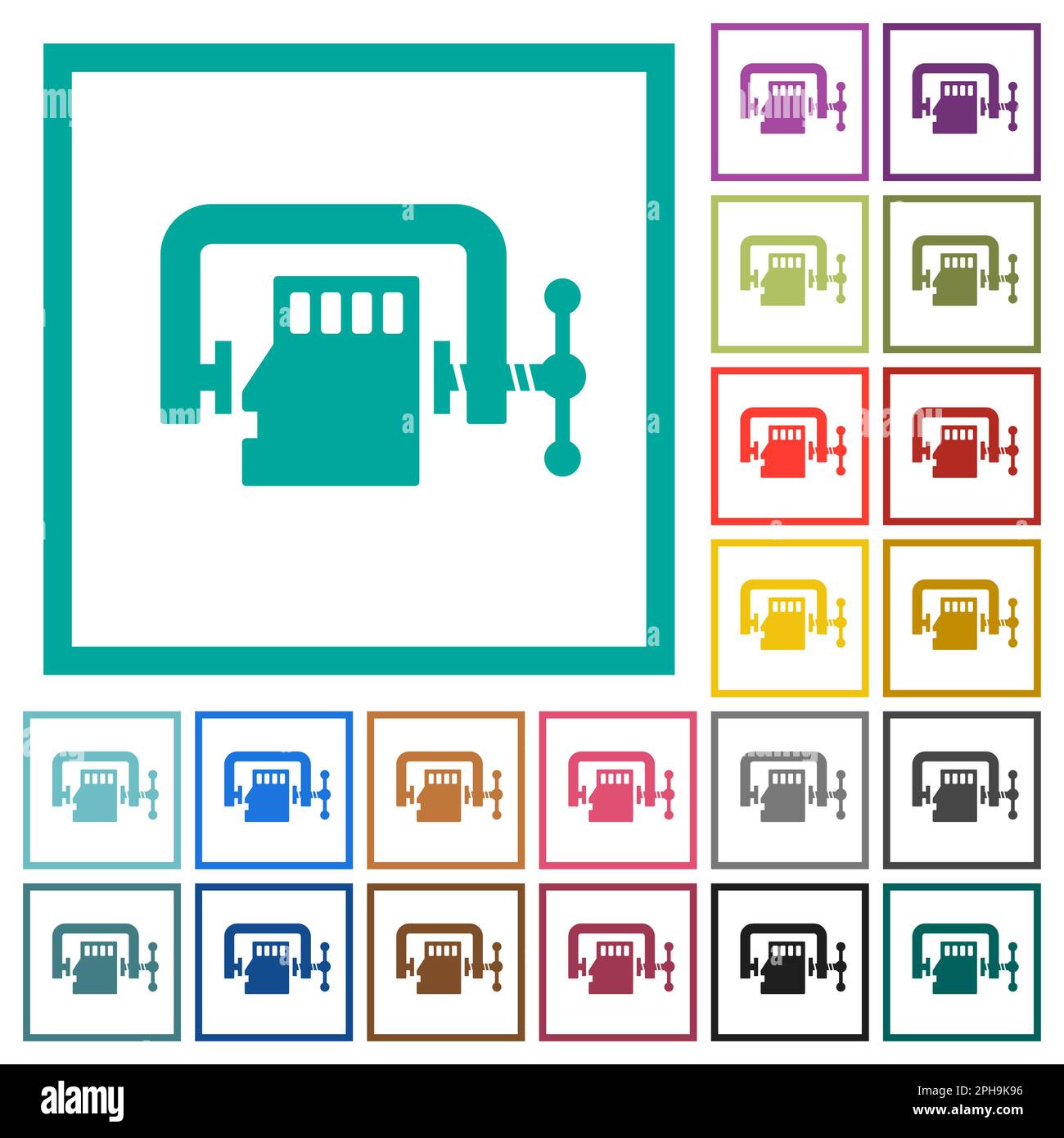 Micro sd memory card compress solid flat color icons with quadrant frames on white background Stock Vector
