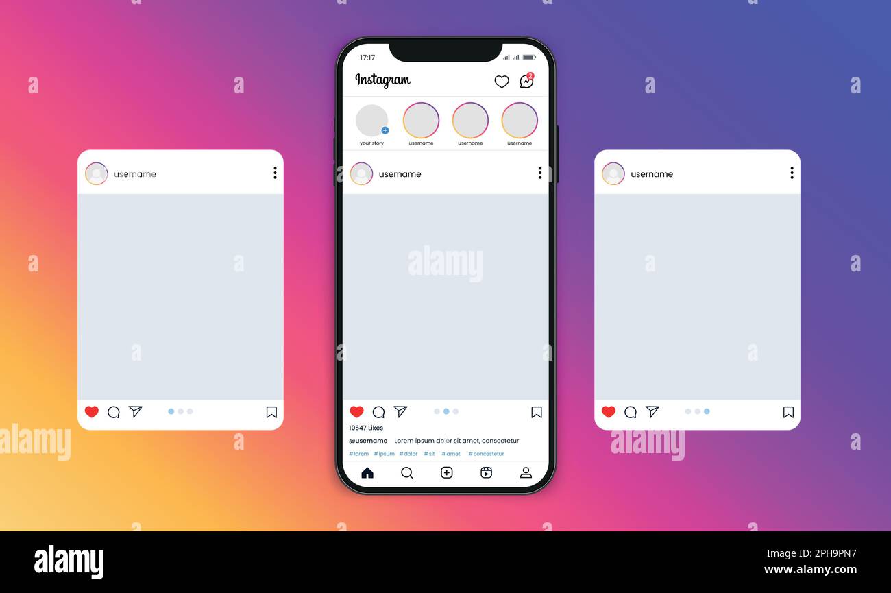 Instagram carousel or slide pages interface vector mockup with three
