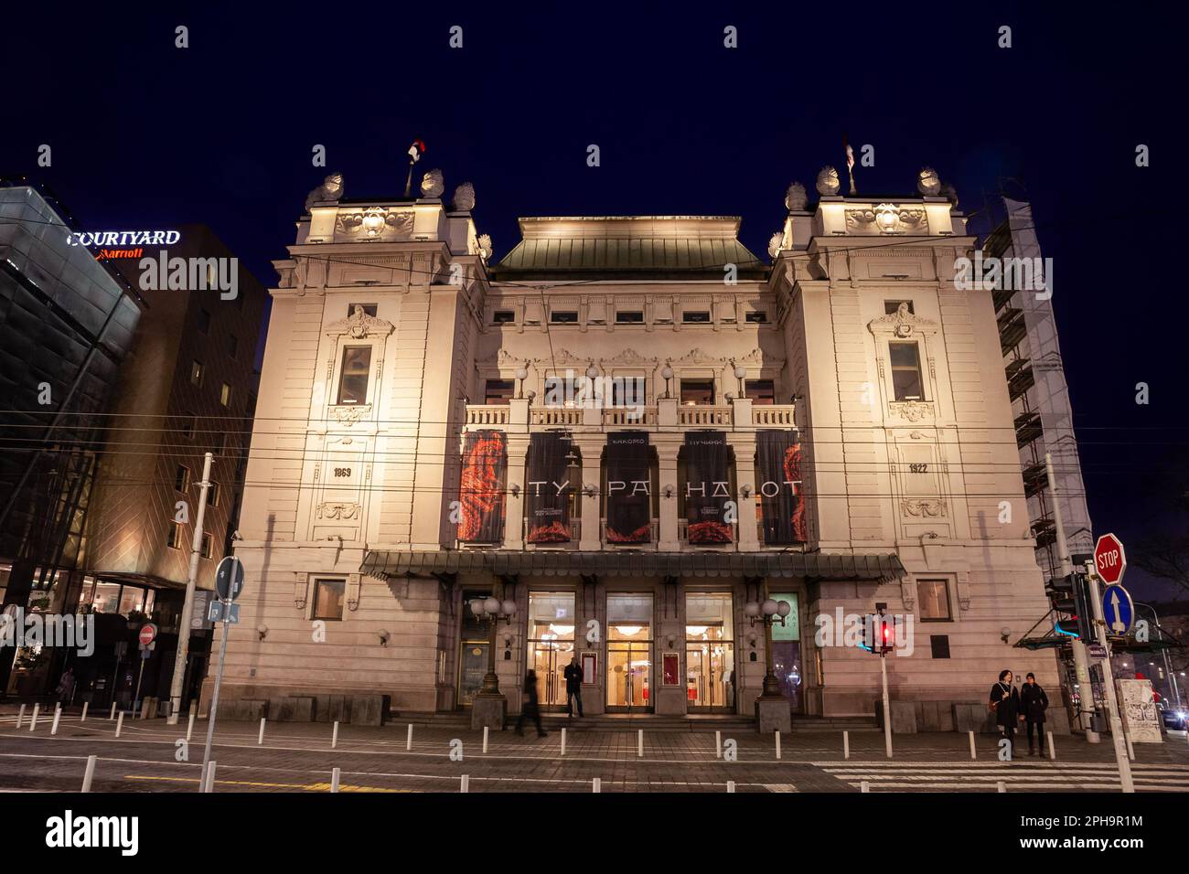 Picture of the facade of the Belgrade national theater at night, also called on beogradsko Narodno Pozoriste in belgrade, Serbia. The National Theatre Stock Photo