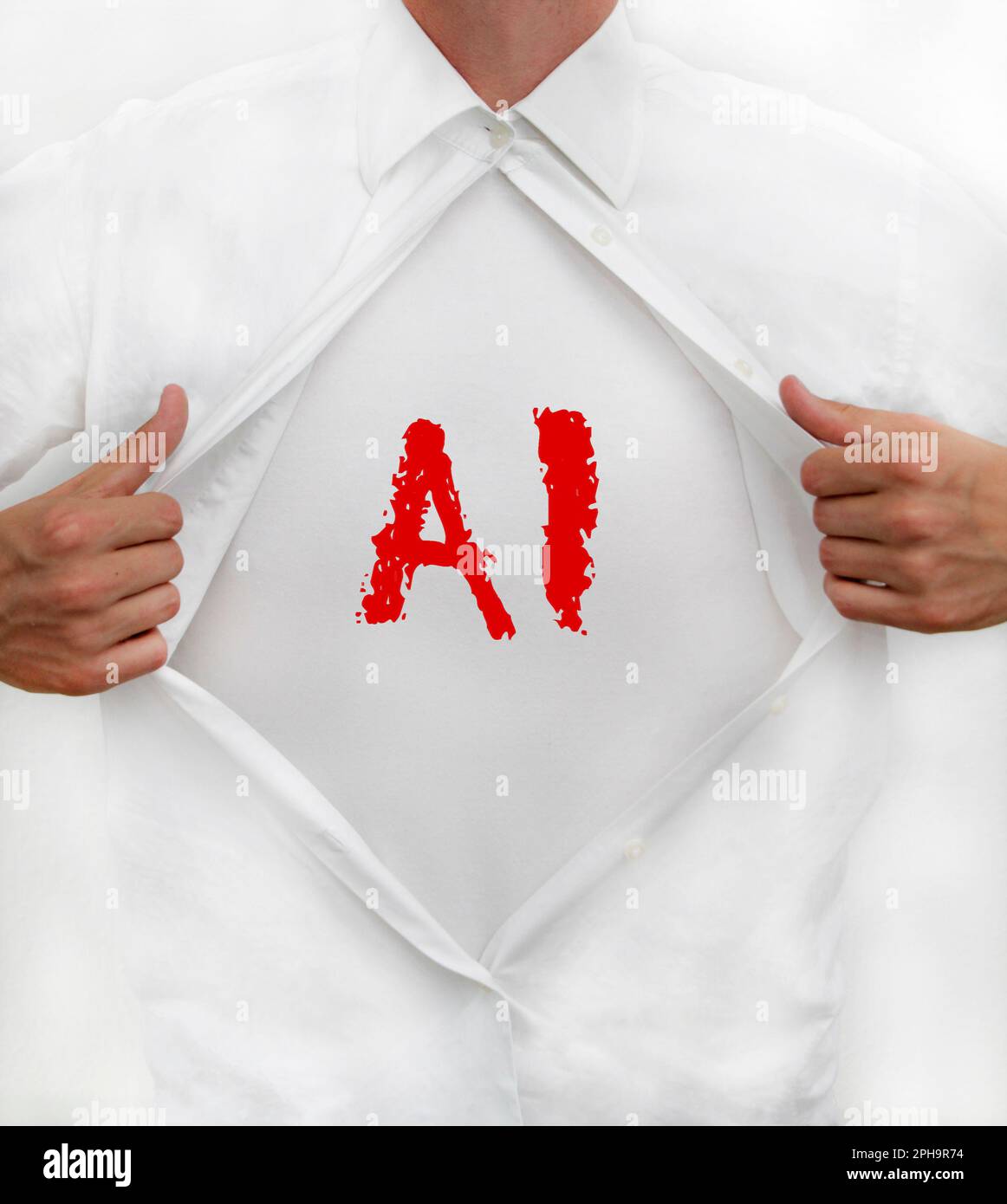 Man opens his shirt to reveal AI - Artificial Intelligence - written on it Stock Photo