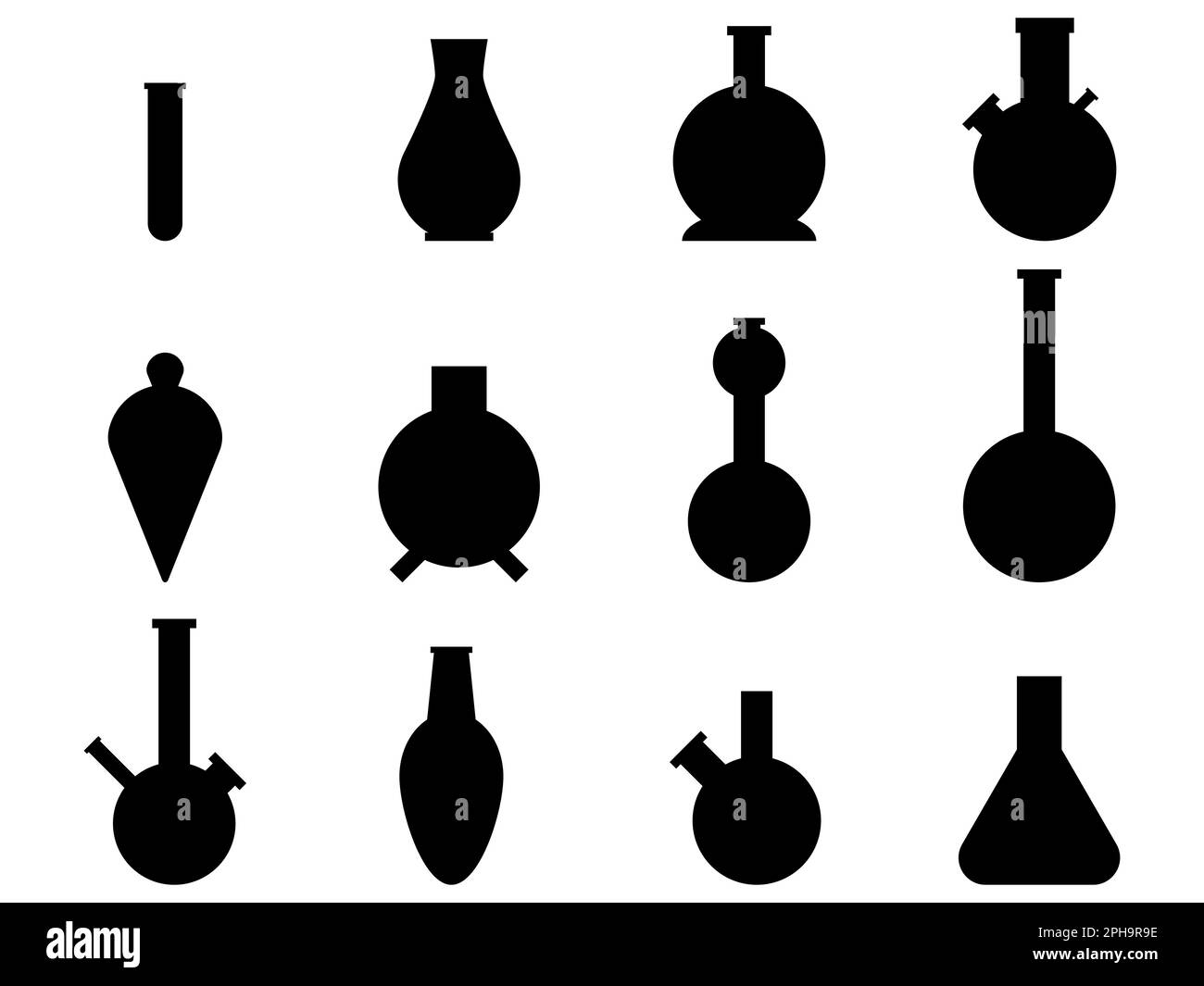 Black laboratory glassware set isolated on white background. Laboratory