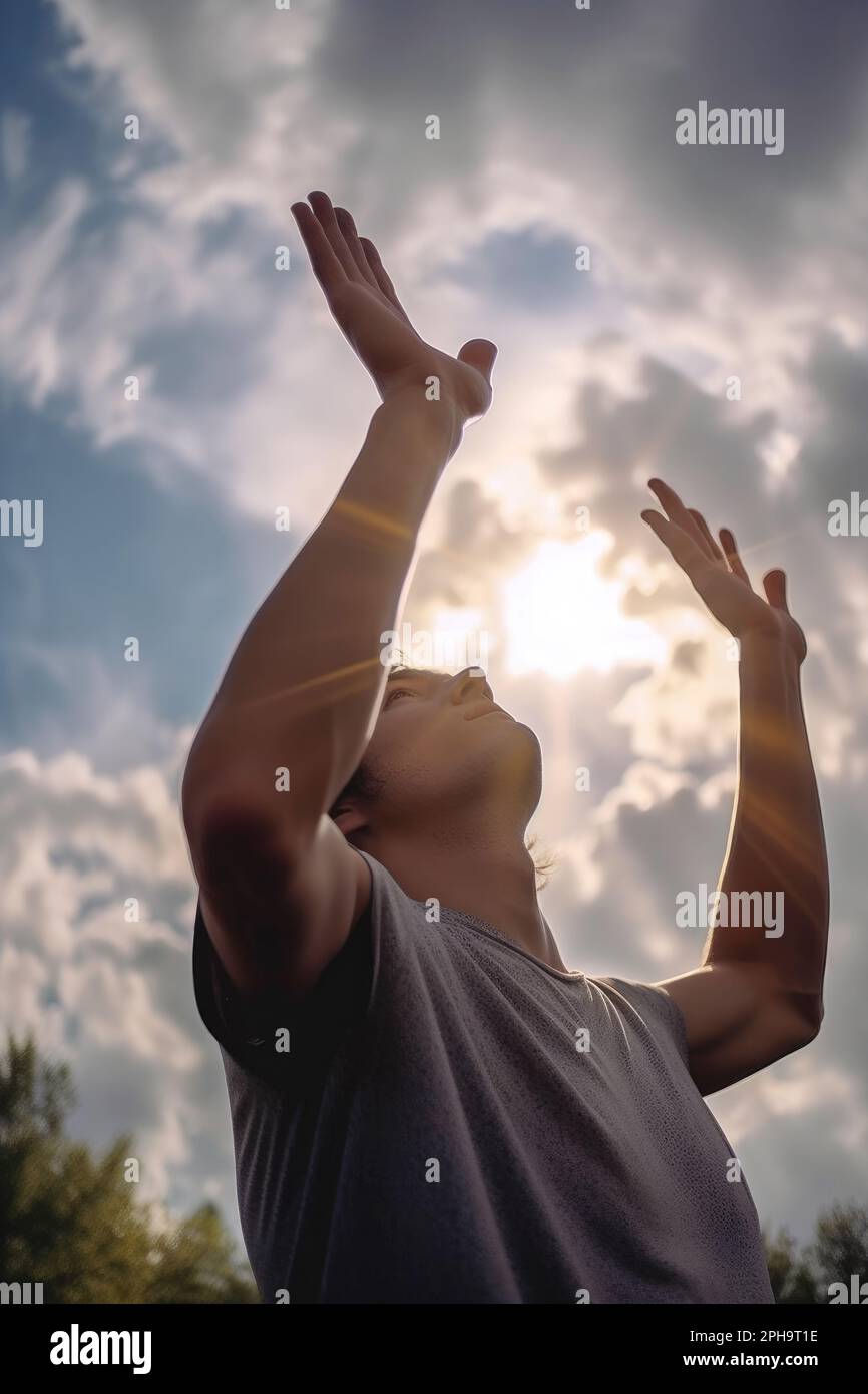 A man with arms outstretched to heaven in devotion to God Generative AI Illustration Stock Photo