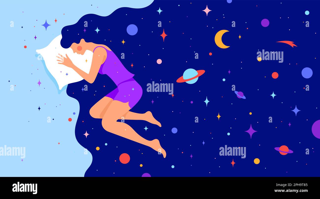 Woman with dream universe. Simple character of woman sleeping in bed ...