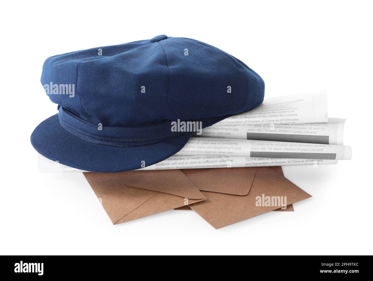 Blue postman's hat, envelopes and newspapers on white background Stock
