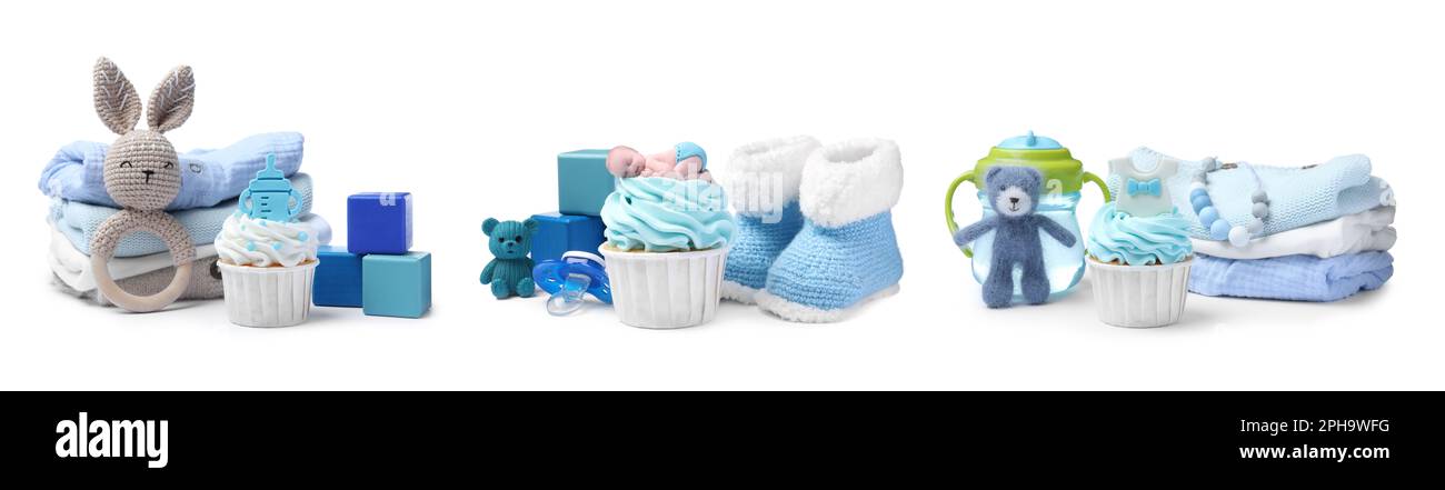 Beautifully decorated baby shower cupcakes, toys and clothes for boy on white background, collage. Banner design Stock Photo