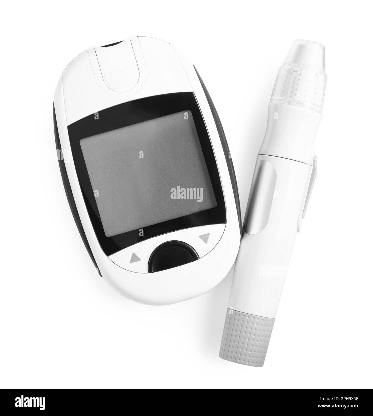and lancet pen on white background, top view. Diabetes