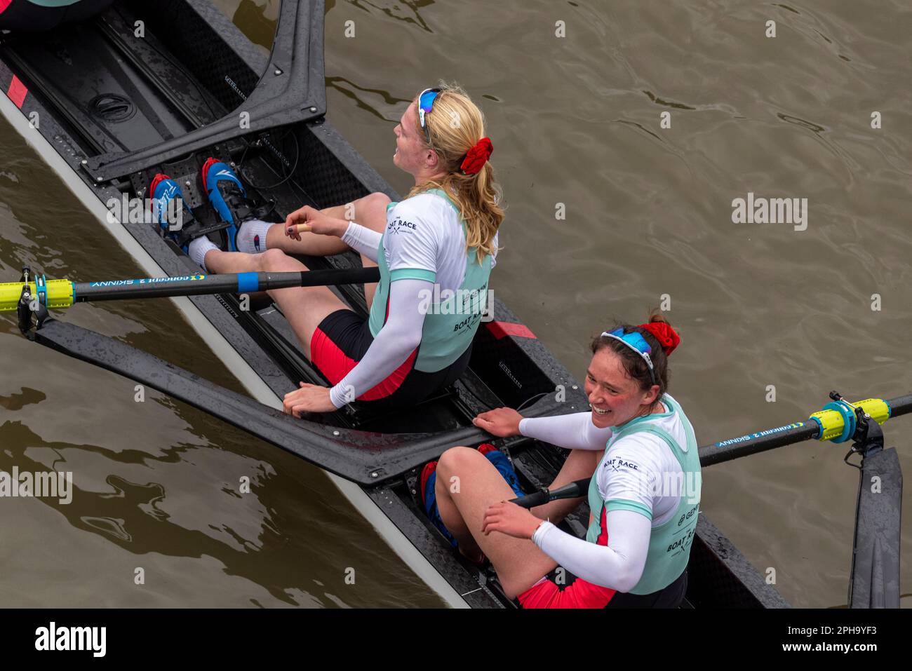 Boat Race 2023. Cambridge Women's team celebrating win after crossing