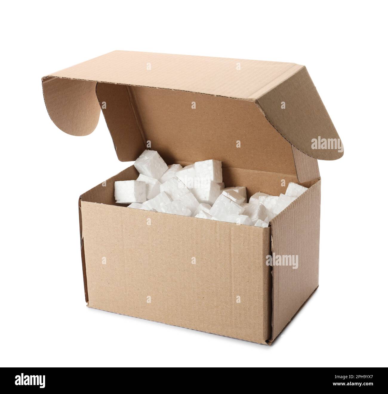 Cardboard box with styrofoam cubes isolated on white Stock Photo Alamy