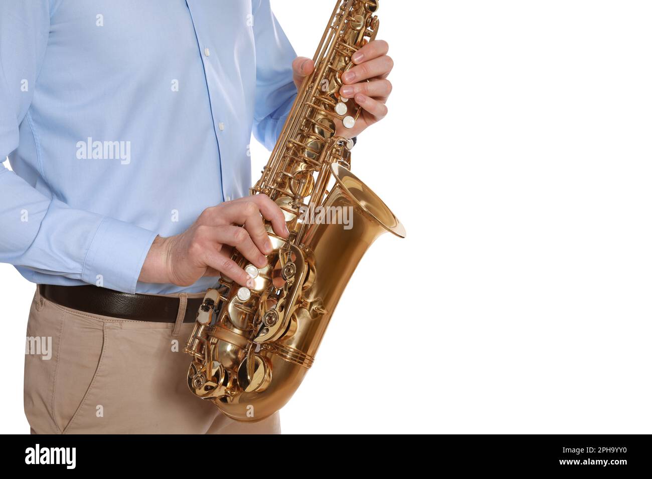 Young Man Plays Mini Saxophone with Bare Hands Stock Photo - Image