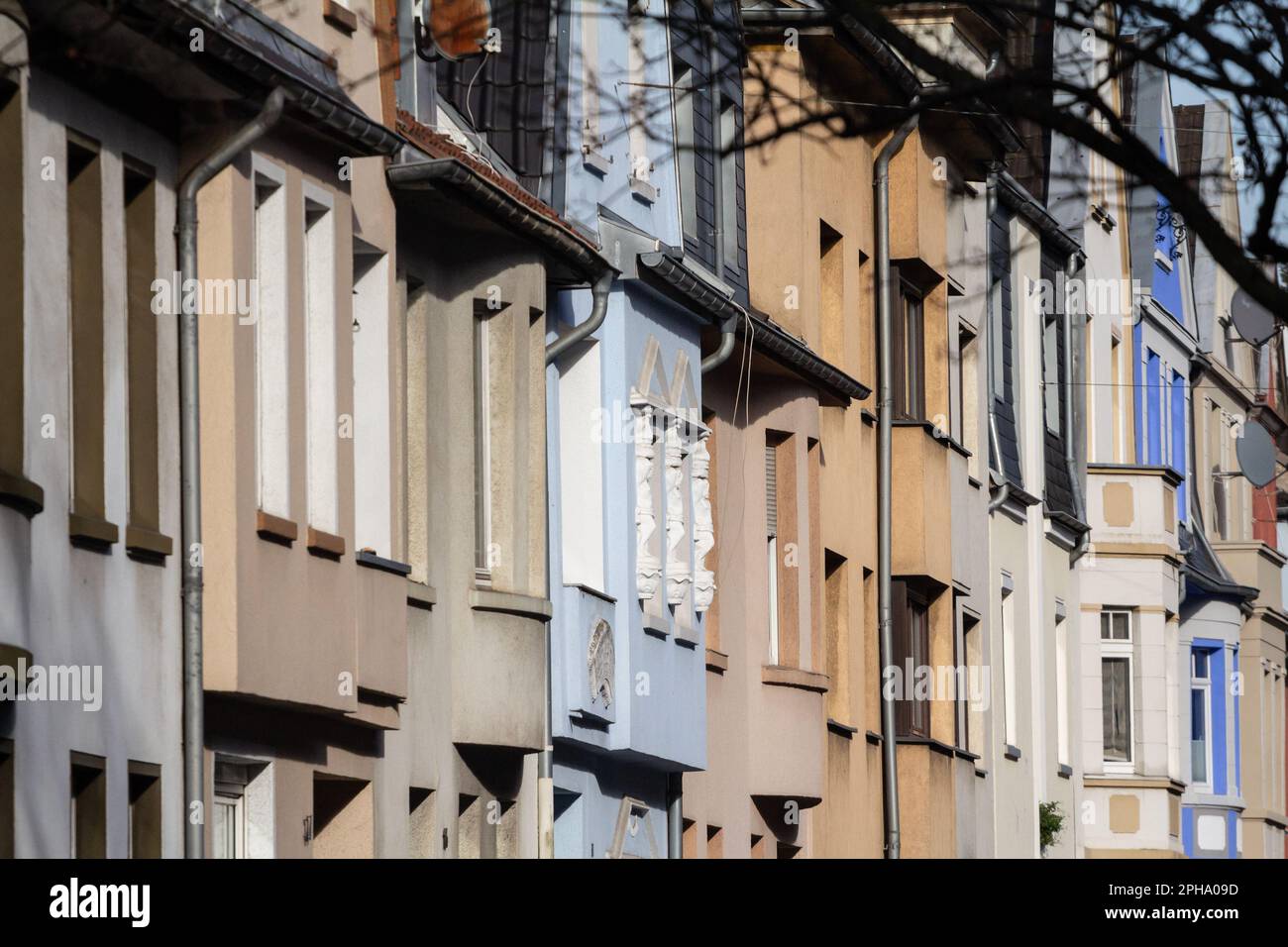 Picture of facades of residential building, with a vintage german architecture, in the city center of Cologne, Germany. Stock Photo