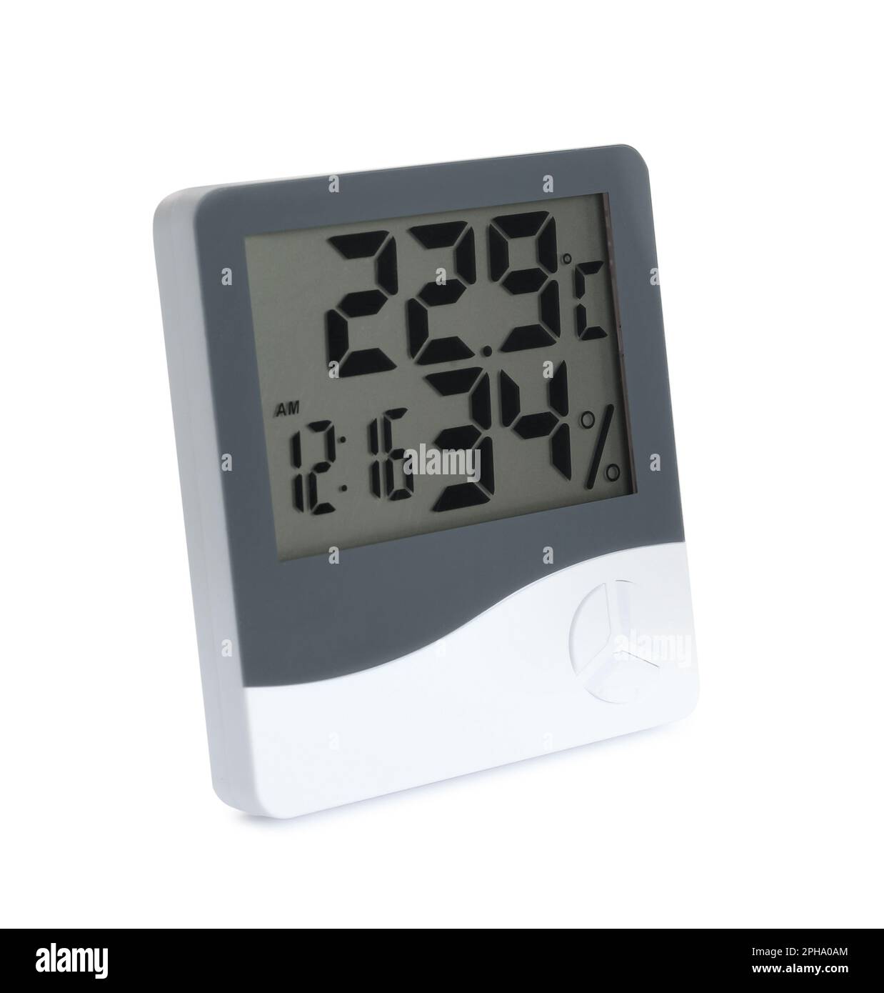 Digital hygrometer and thermometer with clock isolated on white Stock