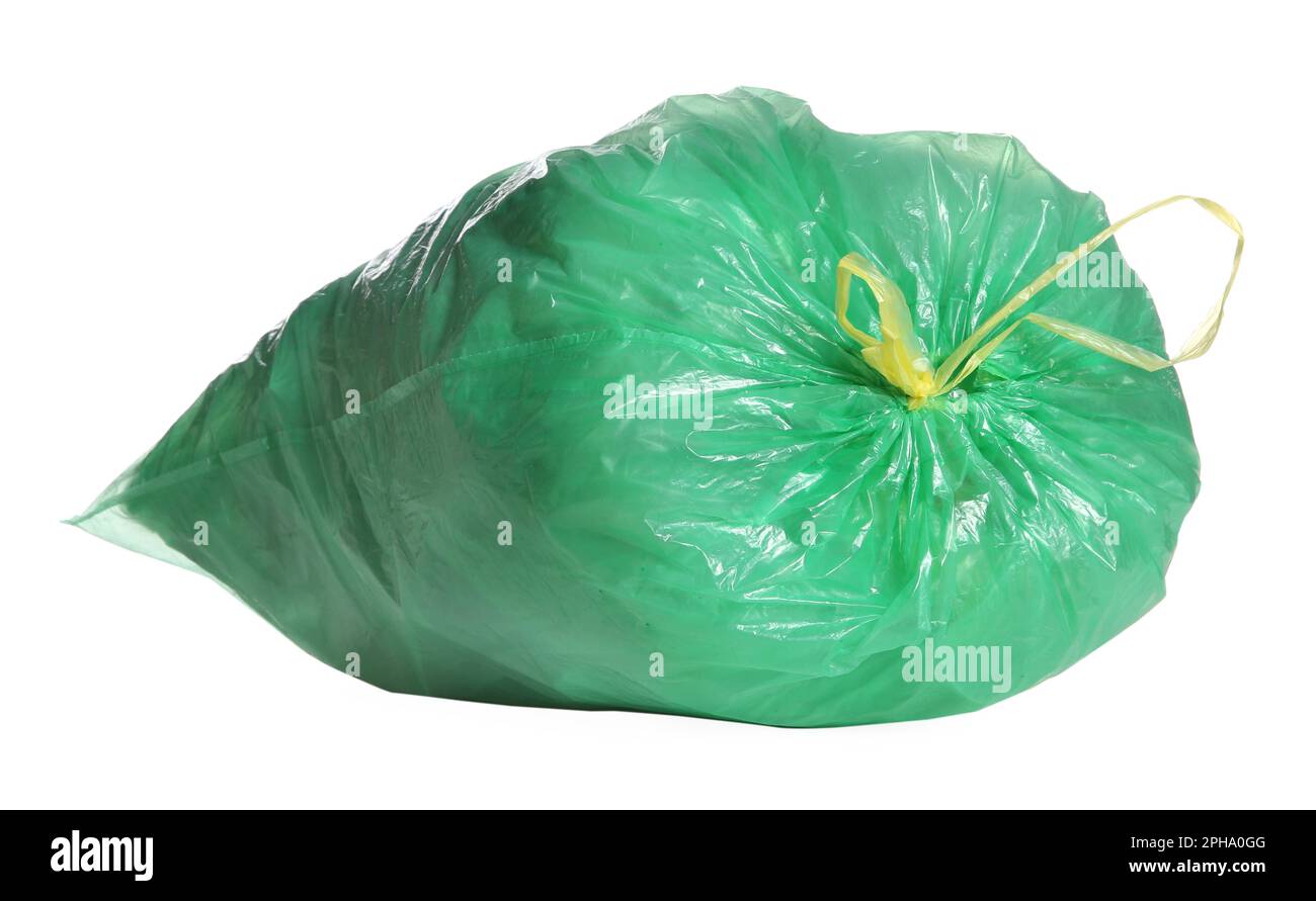 Green trash bag full of garbage isolated on white Stock Photo Alamy